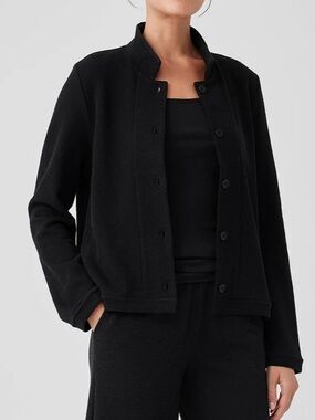 Eileen Fisher Cotton Rib Knit Slouch Stand Collar Jacket Cardigan Black S NWOT